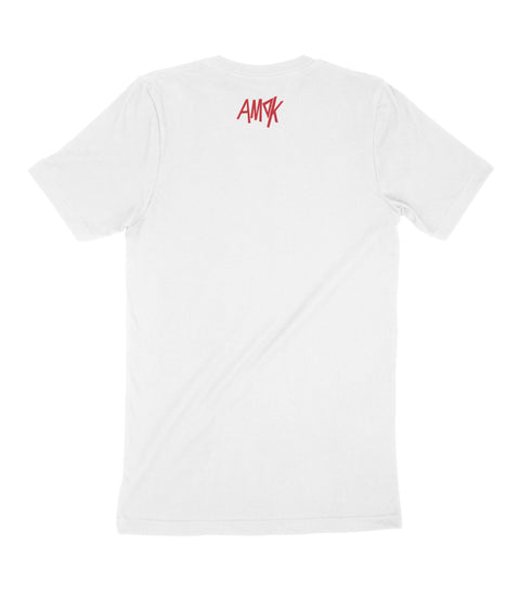 White Slacker parody T-shirt with AMOK neck print, back view