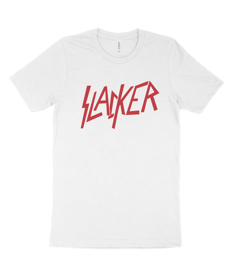 White Slacker parody T-shirt inspired by the classic Slayer logo, front view